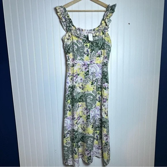 LOFT Patchwork Midi Dress Floral Sleeveless with Ruffle Detail sleeveless SZ 10 - Picture 2 of 10